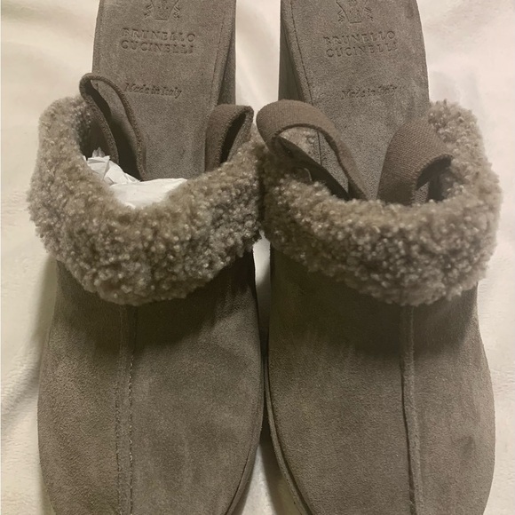 Brunello Cucinelli Suede Shearling Wedge Slingback Clogs Grey size EU 39 / US 9 - Picture 5 of 14